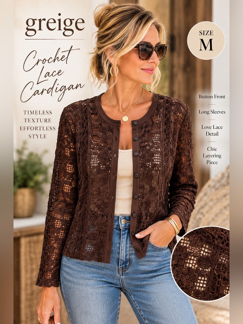 Greige Chocolate Brown Crochet Lace Cardigan Sweater M NWOT
